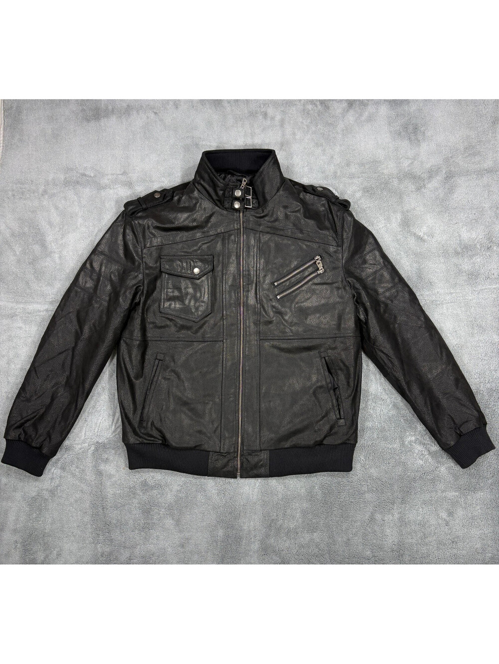Flavor Men's Large Black Pig Leather Bomber Jacket Quilted Lining Zip Biker